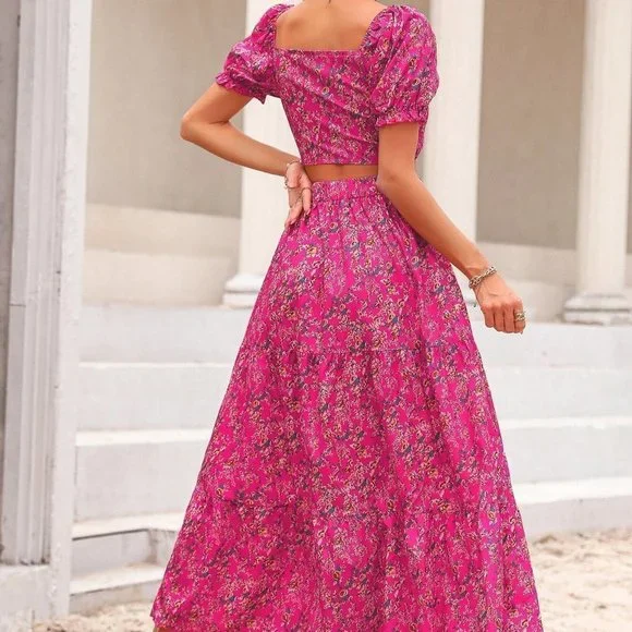 Boho Ditsy Floral Print Puff Sleeve Crop Blouse & Ruffle Hem Skirt pink - Picture 2 of 5